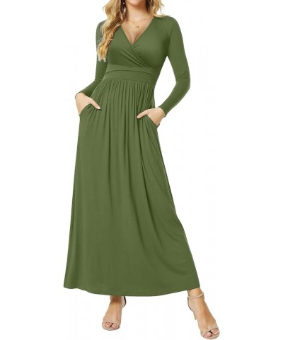 Women's Dresses Deep V-Neck Long Sleeve Empire Waist Long Dress Casual with Pockets L-army Green $17.39 Dresses