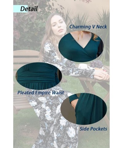 Women's Dresses Deep V-Neck Long Sleeve Empire Waist Long Dress Casual with Pockets L-army Green $17.39 Dresses