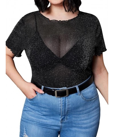 Women's Plus Size Short Sleeve Sheer Mesh Tops T Shirt Blouse Glitter Black $11.52 Blouses