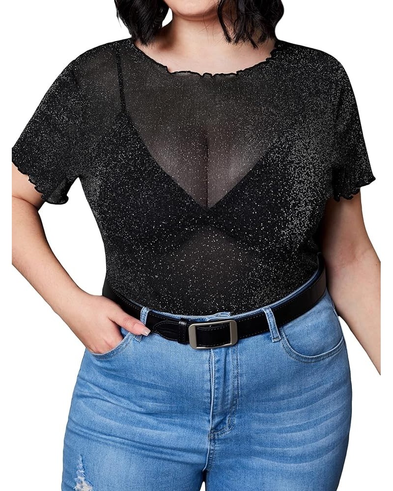 Women's Plus Size Short Sleeve Sheer Mesh Tops T Shirt Blouse Glitter Black $11.52 Blouses