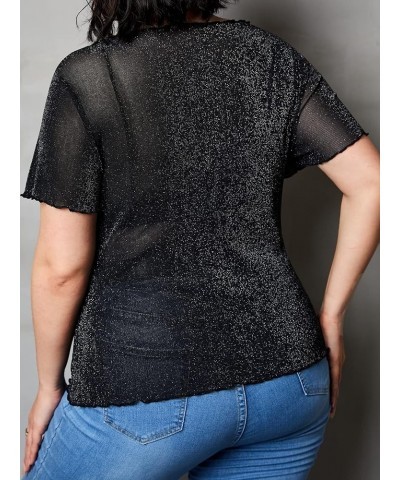 Women's Plus Size Short Sleeve Sheer Mesh Tops T Shirt Blouse Glitter Black $11.52 Blouses