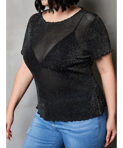 Women's Plus Size Short Sleeve Sheer Mesh Tops T Shirt Blouse Glitter Black $11.52 Blouses