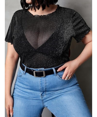 Women's Plus Size Short Sleeve Sheer Mesh Tops T Shirt Blouse Glitter Black $11.52 Blouses