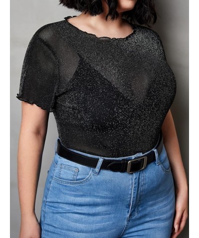 Women's Plus Size Short Sleeve Sheer Mesh Tops T Shirt Blouse Glitter Black $11.52 Blouses