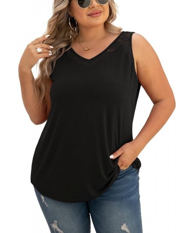 Women Plus Size Summer Lace Trim Casual V-Neck T-Shirts Loose Sleeveless Tops Tunic Blouse Black $11.39 Tanks