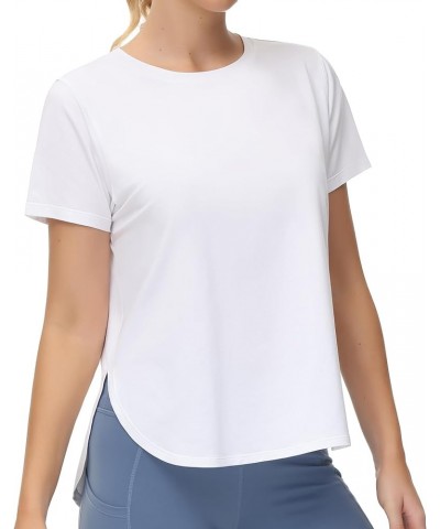 Women's Workout Shirts Loose Fit Yoga Tops Round Neck Short Sleeve Athletic T-Shirt with Split Hem White $9.46 Activewear