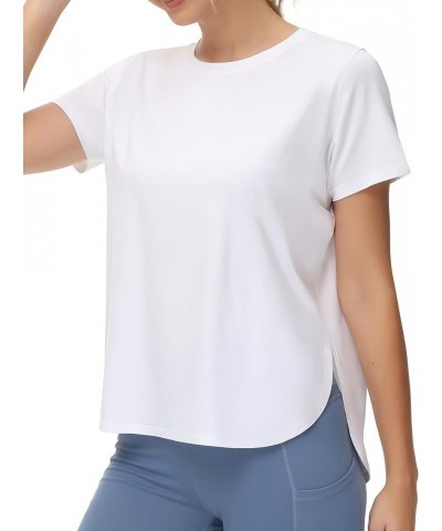 Women's Workout Shirts Loose Fit Yoga Tops Round Neck Short Sleeve Athletic T-Shirt with Split Hem White $9.46 Activewear