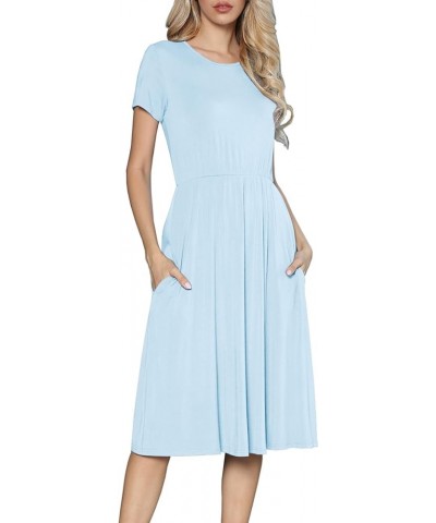 Women's Casual Short Sleeve Striped Swing Midi Dress with Pockets B-60 Light Blue $17.50 Dresses