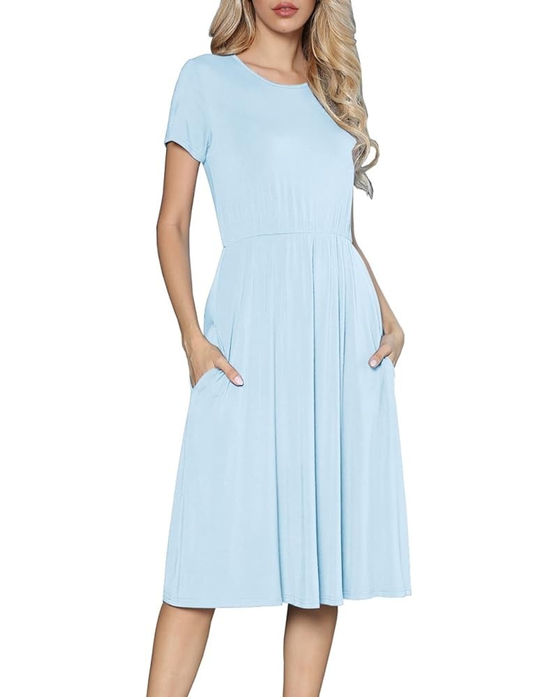 Women's Casual Short Sleeve Striped Swing Midi Dress with Pockets B-60 Light Blue $17.50 Dresses