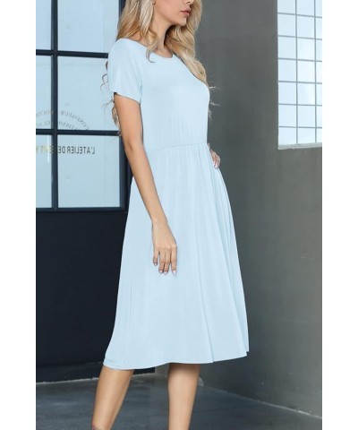 Women's Casual Short Sleeve Striped Swing Midi Dress with Pockets B-60 Light Blue $17.50 Dresses