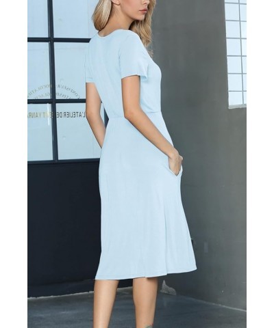 Women's Casual Short Sleeve Striped Swing Midi Dress with Pockets B-60 Light Blue $17.50 Dresses