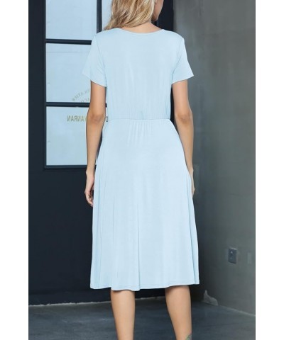 Women's Casual Short Sleeve Striped Swing Midi Dress with Pockets B-60 Light Blue $17.50 Dresses