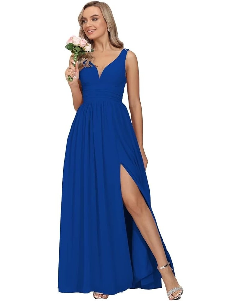 V-Neck Bridesmaid Dresses Long Chiffon Wedding Guest Dresses A Line Formal Evening Dress with Slit,R53 Royal Blue $33.37 Dresses