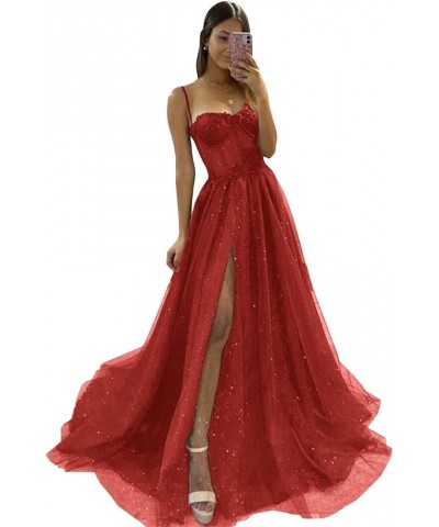 Glitter Tulle Prom Dresses Long 2024 Spaghetti Straps Sweetheart 3D Flowers Evening Party Gowns with Slit Red $35.19 Dresses