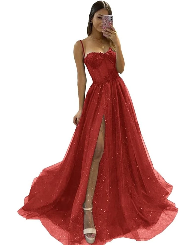 Glitter Tulle Prom Dresses Long 2024 Spaghetti Straps Sweetheart 3D Flowers Evening Party Gowns with Slit Red $35.19 Dresses