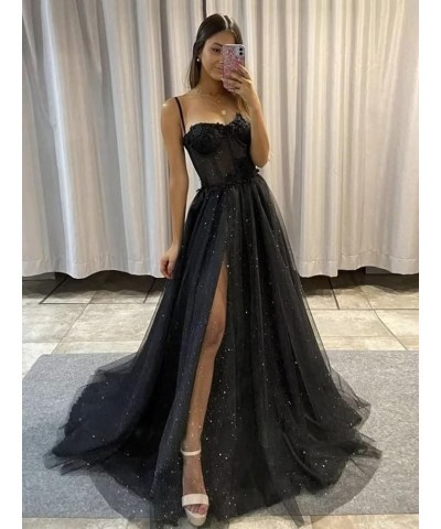 Glitter Tulle Prom Dresses Long 2024 Spaghetti Straps Sweetheart 3D Flowers Evening Party Gowns with Slit Red $35.19 Dresses