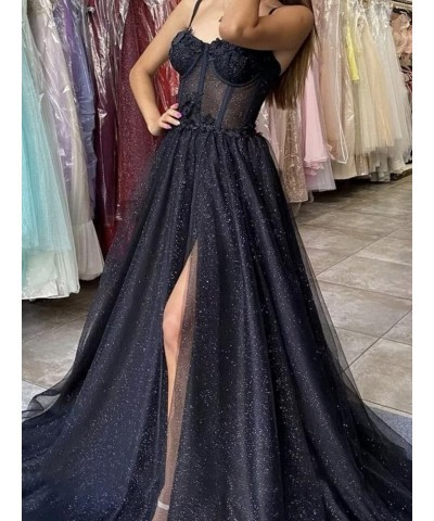 Glitter Tulle Prom Dresses Long 2024 Spaghetti Straps Sweetheart 3D Flowers Evening Party Gowns with Slit Red $35.19 Dresses