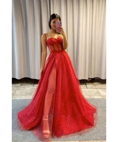 Glitter Tulle Prom Dresses Long 2024 Spaghetti Straps Sweetheart 3D Flowers Evening Party Gowns with Slit Red $35.19 Dresses