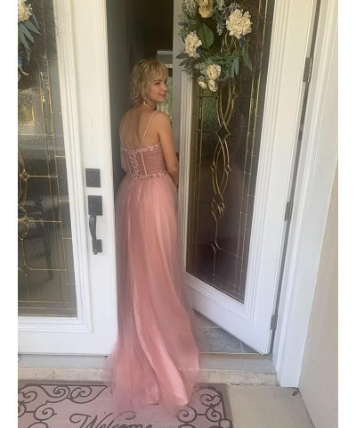 Glitter Tulle Prom Dresses Long 2024 Spaghetti Straps Sweetheart 3D Flowers Evening Party Gowns with Slit Red $35.19 Dresses