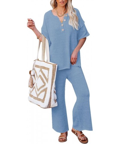 Women's 2 Piece Outfits Lounge Set Short Sleeve Button Blouse Wide Leg Pants Sweatsuit Sky Blue $21.60 Activewear