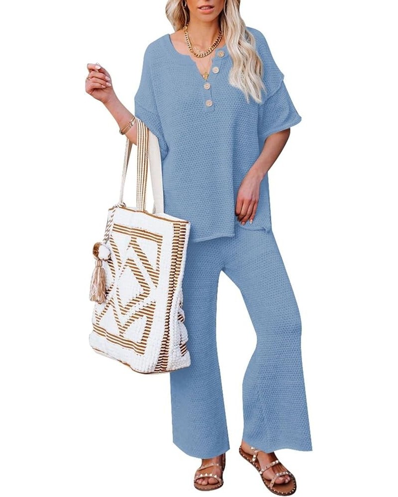 Women's 2 Piece Outfits Lounge Set Short Sleeve Button Blouse Wide Leg Pants Sweatsuit Sky Blue $21.60 Activewear