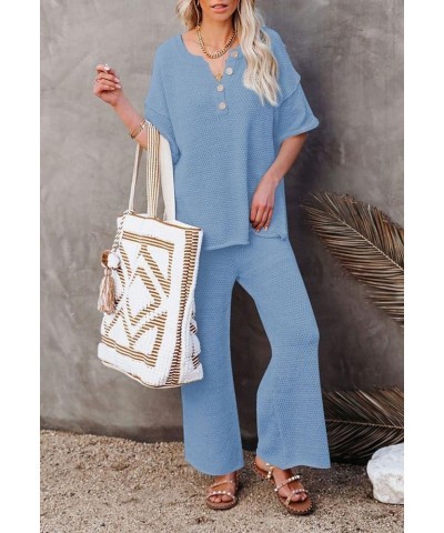 Women's 2 Piece Outfits Lounge Set Short Sleeve Button Blouse Wide Leg Pants Sweatsuit Sky Blue $21.60 Activewear