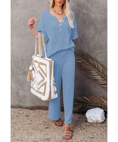 Women's 2 Piece Outfits Lounge Set Short Sleeve Button Blouse Wide Leg Pants Sweatsuit Sky Blue $21.60 Activewear