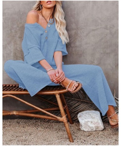 Women's 2 Piece Outfits Lounge Set Short Sleeve Button Blouse Wide Leg Pants Sweatsuit Sky Blue $21.60 Activewear