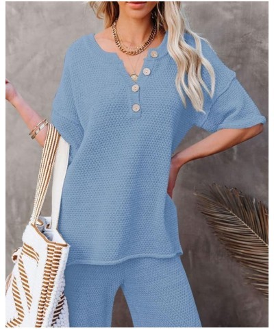 Women's 2 Piece Outfits Lounge Set Short Sleeve Button Blouse Wide Leg Pants Sweatsuit Sky Blue $21.60 Activewear