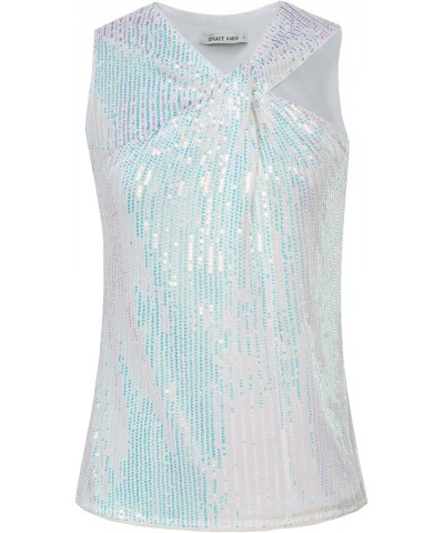 2023 Women's Asymmetrical Twist Neck Sequin Top Slim Fit Cocktail Sparkle Tank Tops Multicolor-white(sequin) $23.75 Tanks