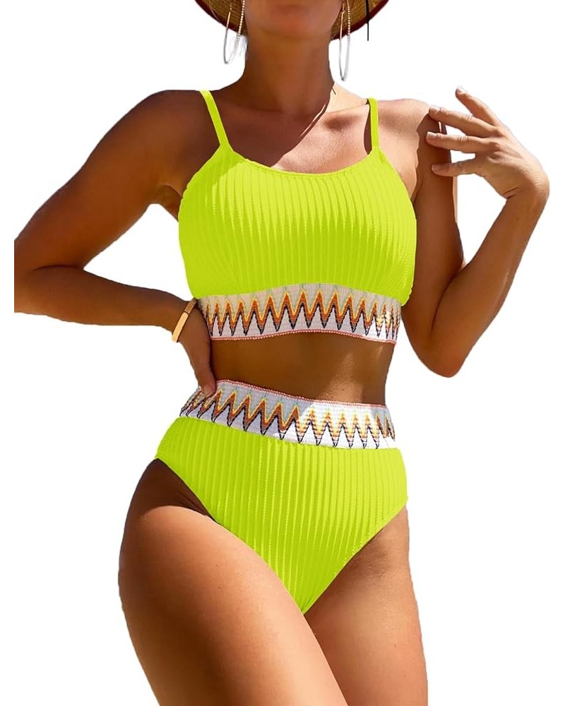 Women's High Waisted Swimsuit Two Piece Ribbed Bikini Sets Crop Top High Cut Cheeky Bathing Suits Green Yellow $15.37 Swimsuits