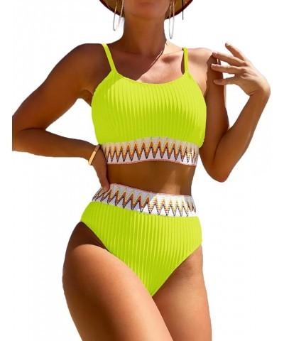 Women's High Waisted Swimsuit Two Piece Ribbed Bikini Sets Crop Top High Cut Cheeky Bathing Suits Green Yellow $15.37 Swimsuits