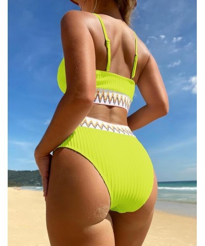 Women's High Waisted Swimsuit Two Piece Ribbed Bikini Sets Crop Top High Cut Cheeky Bathing Suits Green Yellow $15.37 Swimsuits