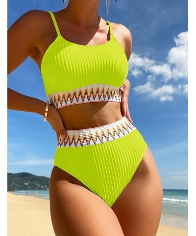 Women's High Waisted Swimsuit Two Piece Ribbed Bikini Sets Crop Top High Cut Cheeky Bathing Suits Green Yellow $15.37 Swimsuits