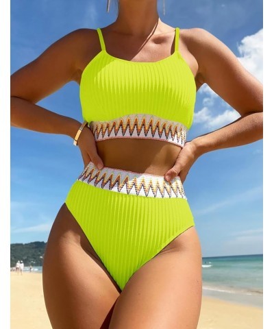 Women's High Waisted Swimsuit Two Piece Ribbed Bikini Sets Crop Top High Cut Cheeky Bathing Suits Green Yellow $15.37 Swimsuits