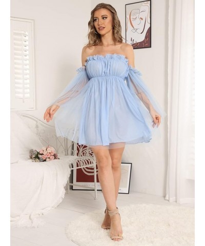 Off Shoulder Mini Dress for Women Flounce Long Sleeve Ruffle Mesh Party A-Line Short Dresses Violet $25.75 Dresses