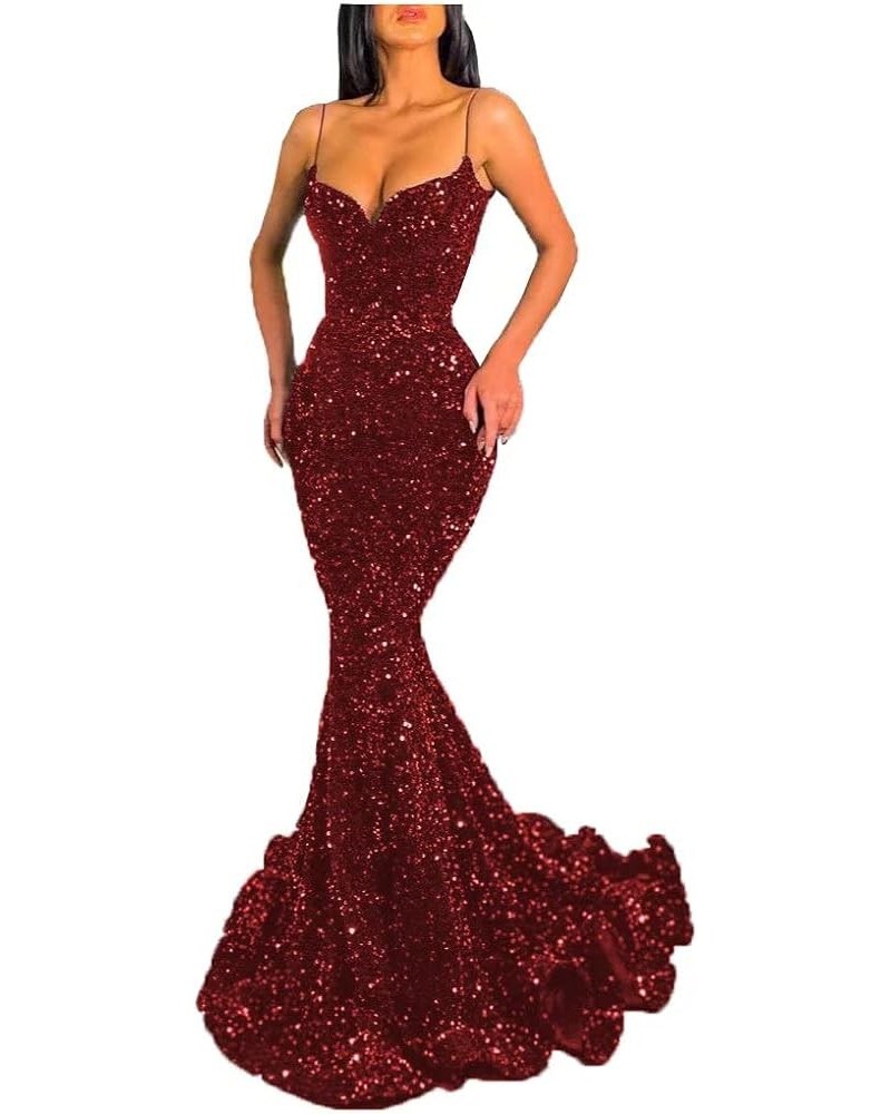 Mermaid Prom Dresses for Women Sparkly Sequin Spaghetti Straps V-Neck Formal Party Evening Gowns 2024 Y-burgundy $35.70 Dresses