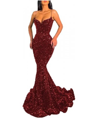 Mermaid Prom Dresses for Women Sparkly Sequin Spaghetti Straps V-Neck Formal Party Evening Gowns 2024 Y-burgundy $35.70 Dresses