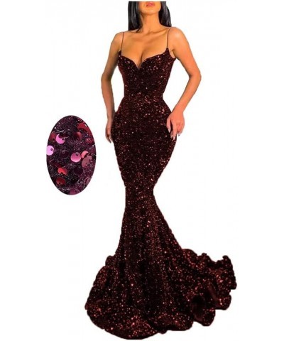 Mermaid Prom Dresses for Women Sparkly Sequin Spaghetti Straps V-Neck Formal Party Evening Gowns 2024 Y-burgundy $35.70 Dresses