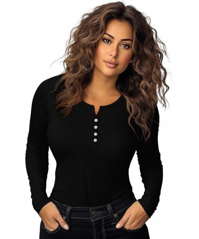 Womens Henley Tops Long Sleeve Fitted Button T Shirt Stretch Textured Black $13.97 Tops