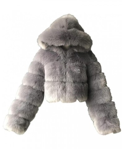 Faux Fur Coat Women Cropped Bubble Coats Fleece Short Warm Jackets Plus Size Winter Coats for Women with Hood Gray $22.39 Coats