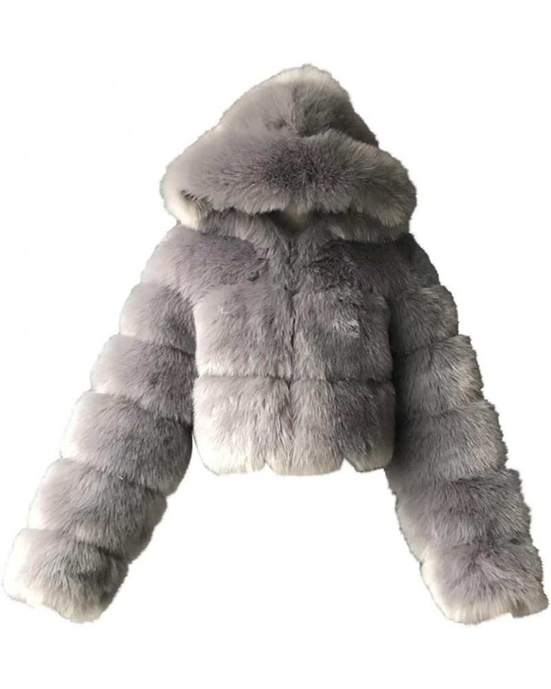 Faux Fur Coat Women Cropped Bubble Coats Fleece Short Warm Jackets Plus Size Winter Coats for Women with Hood Gray $22.39 Coats