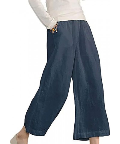 Capris for Women Casual Summer Elastic Waist Linen Capri Pants Wide Leg Cropped Pants Loose Cooling Crop Trousers A1_navy $7....