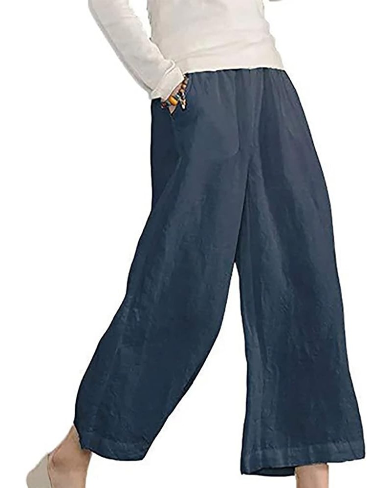 Capris for Women Casual Summer Elastic Waist Linen Capri Pants Wide Leg Cropped Pants Loose Cooling Crop Trousers A1_navy $7....