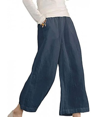 Capris for Women Casual Summer Elastic Waist Linen Capri Pants Wide Leg Cropped Pants Loose Cooling Crop Trousers A1_navy $7....