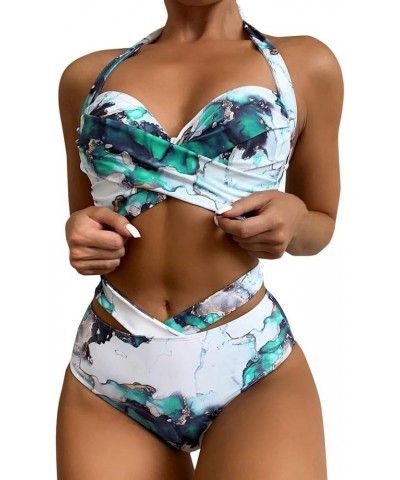 Bikini Sets for Women High Waisted Tummy Control Two Piece Swimsuits Push Up Halter Tops with Bottom Bathing Suits F-green Bi...