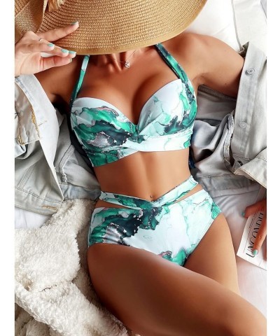 Bikini Sets for Women High Waisted Tummy Control Two Piece Swimsuits Push Up Halter Tops with Bottom Bathing Suits F-green Bi...