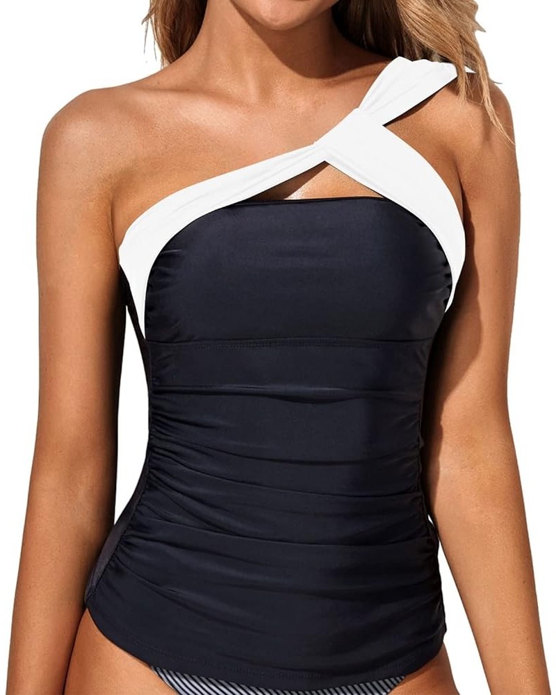 Women Tankini Top Swim Tops Ruched One Shoulder Bathing Suit Swimsuit Tops Only Black White $17.54 Swimsuits