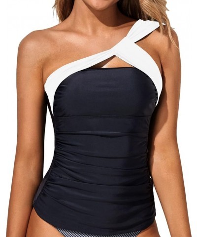 Women Tankini Top Swim Tops Ruched One Shoulder Bathing Suit Swimsuit Tops Only Black White $17.54 Swimsuits