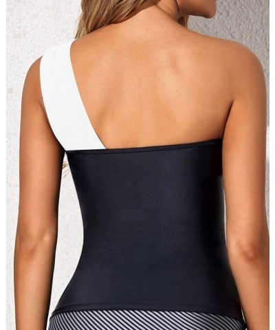 Women Tankini Top Swim Tops Ruched One Shoulder Bathing Suit Swimsuit Tops Only Black White $17.54 Swimsuits